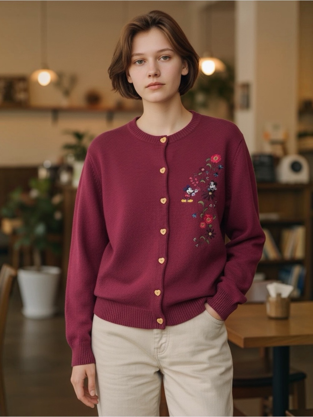 Vintage Disney Store Mickey Minnie Embroidered Cardigan XL Burgundy Heart Button